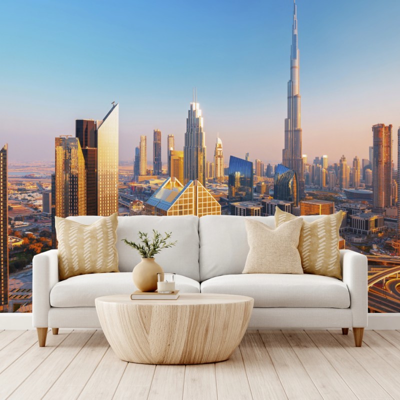 Fototapete Dubai skyline mit Burj Khalifa bei sonnenuntergang – Wallnifity®