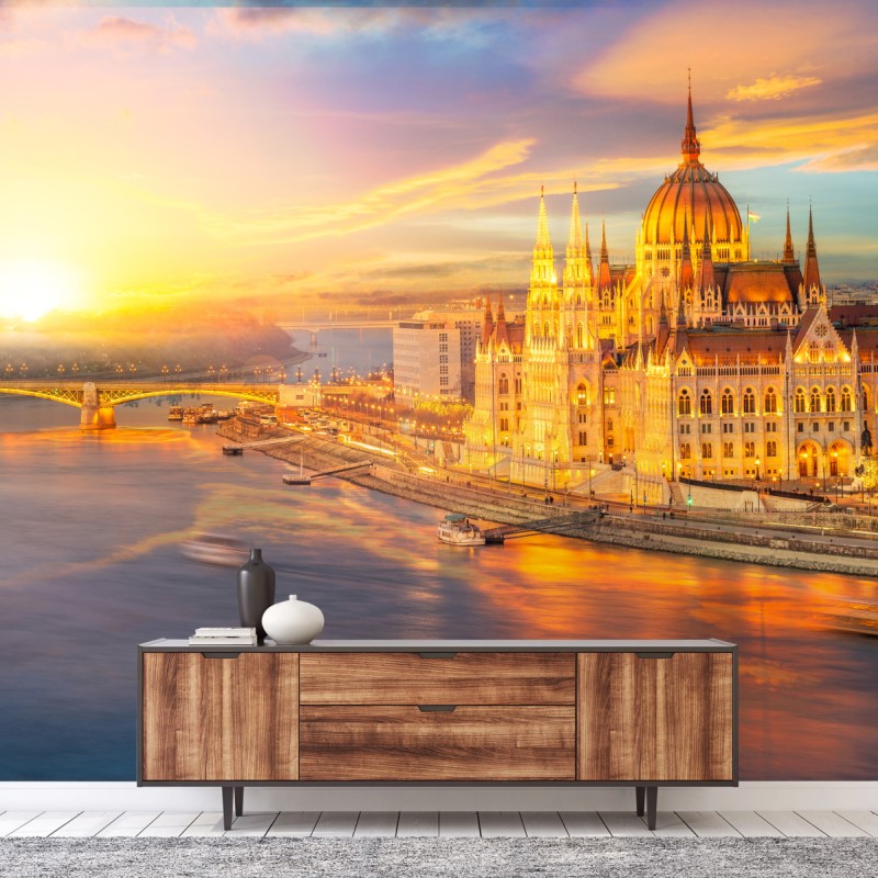 Fototapete goldener sonnenuntergang über dem parlament von Budapest – Wallnifity®