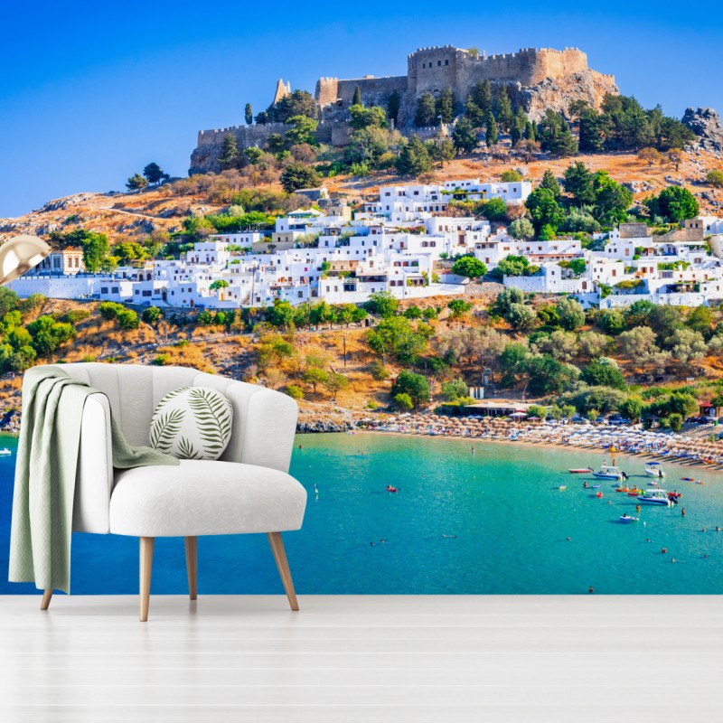 Fototapete Lindos: akropolis über dem weißen dorf, Rhodos – Wallnifity®