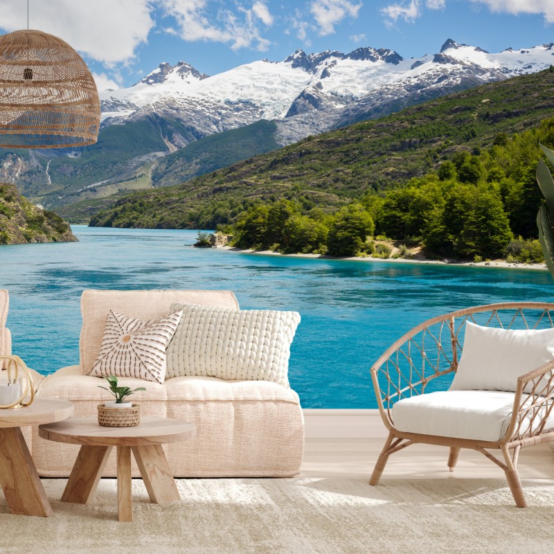 Fototapete türkisfarbener bergsee mit schneebedeckten gipfeln – Wallnifity®