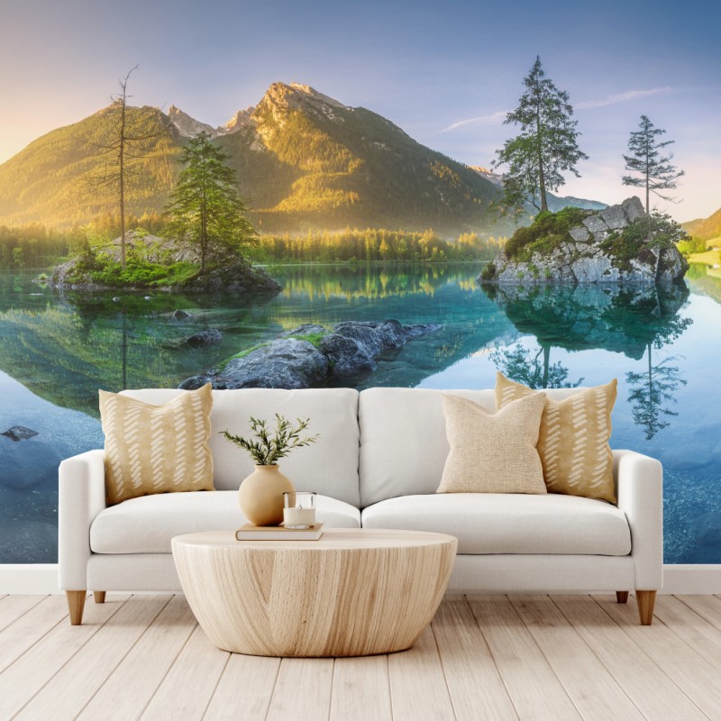 Fototapete alpensee bei sonnenaufgang mit spiegelnder reflexion – Wallnifity®