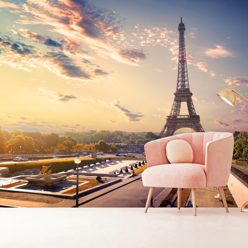 Fototapete sonnenbeschienener blick auf den Eiffelturm bei dämmerung – Wallnifity®