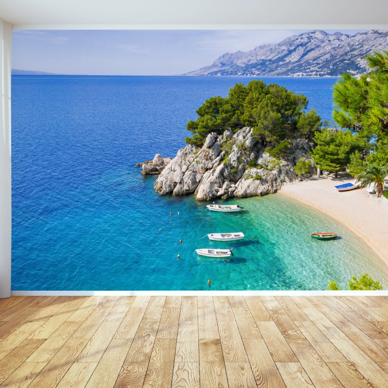 Fototapete ruhige türkisfarbene bucht mit booten – Wallnifity®