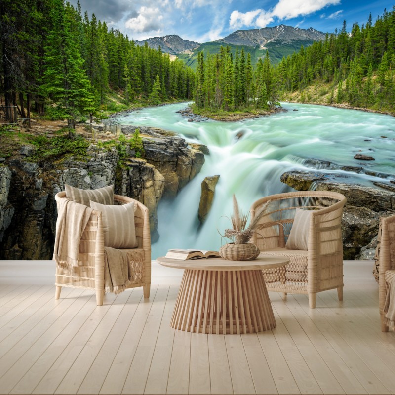 Fototapete neblige flussklamm bei Upper Sunwapta Falls, Jasper National Park – Wallnifity®