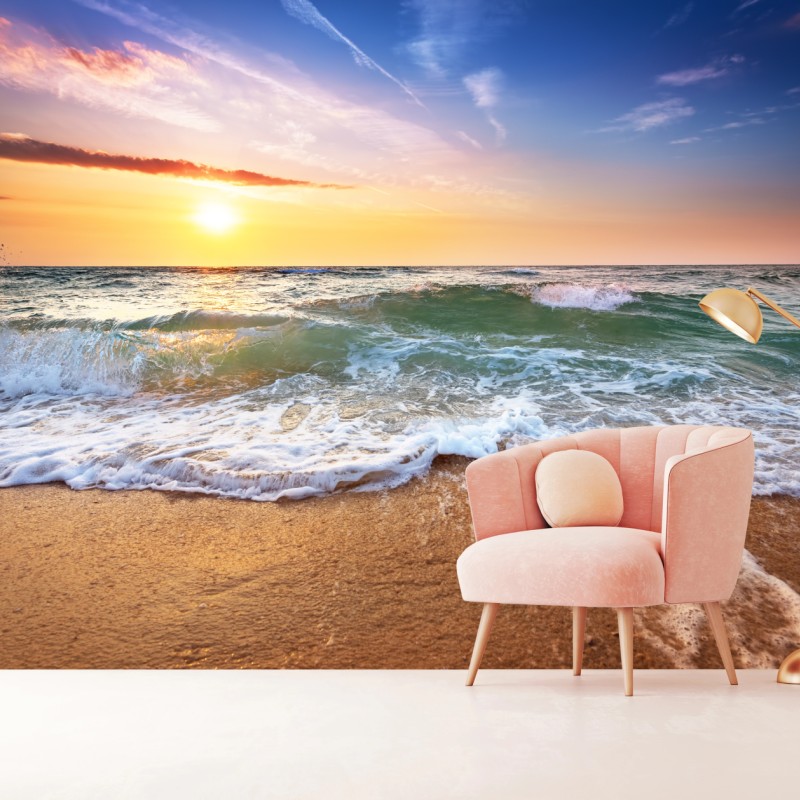 Fototapete goldener sonnenuntergang am strand mit sanften wellen – Wallnifity®