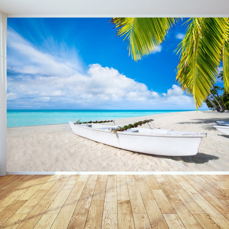 Fototapete tropischer strand in türkis mit palmen und booten – Wallnifity®