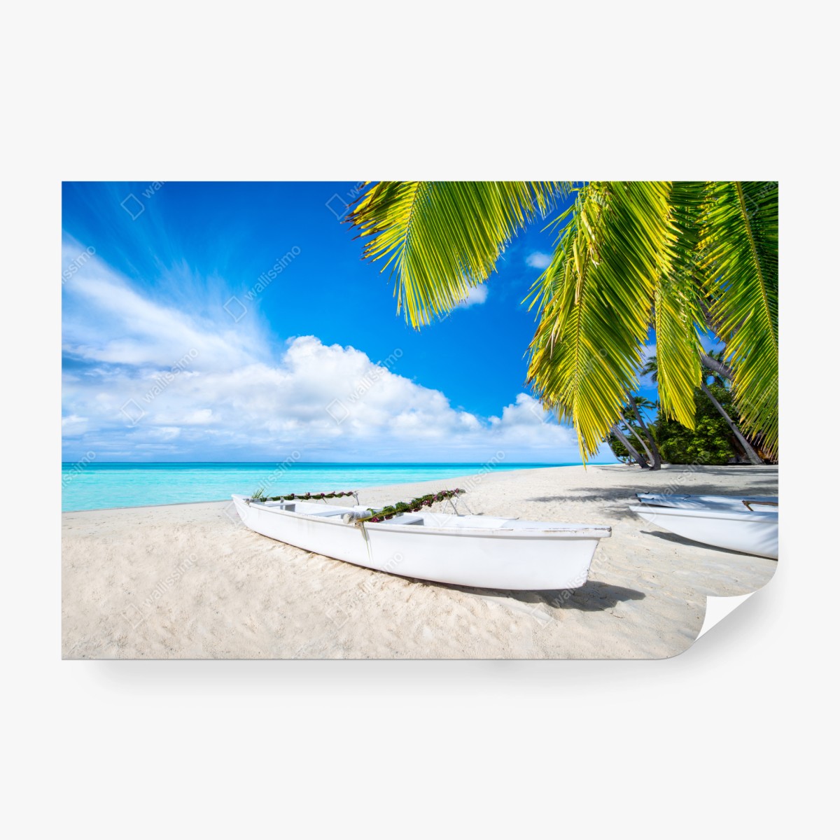 Fototapete tropischer strand in türkis mit palmen und booten – Wallnifity®