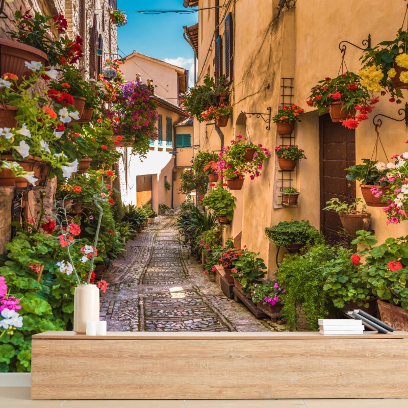 Fototapete sonnige blumengasse in Umbrien – Wallnifity®