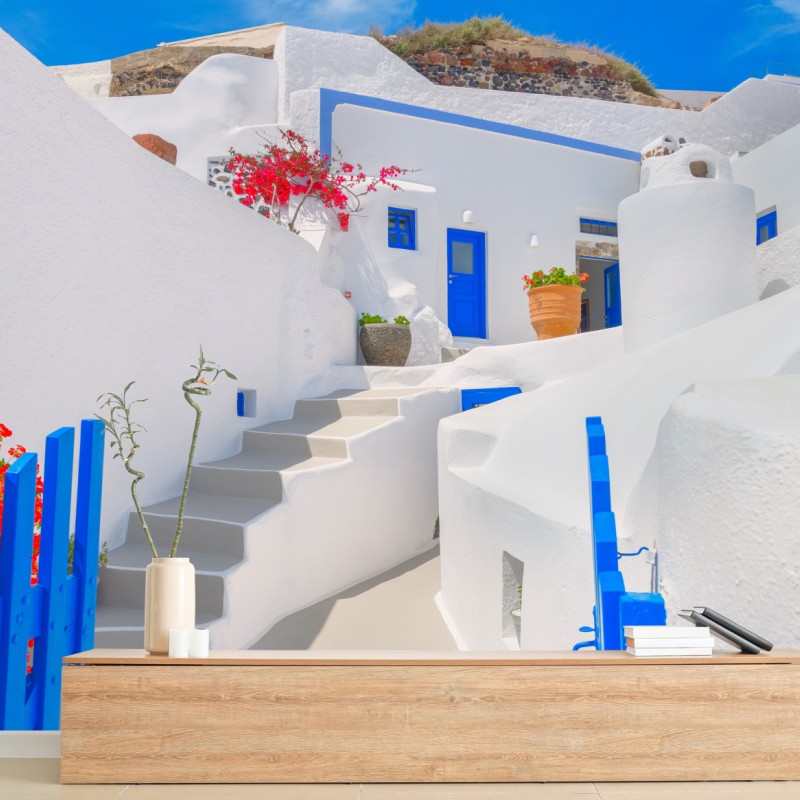 Fototapete Santorini weiße häuser mit blauen akzenten – Wallnifity®