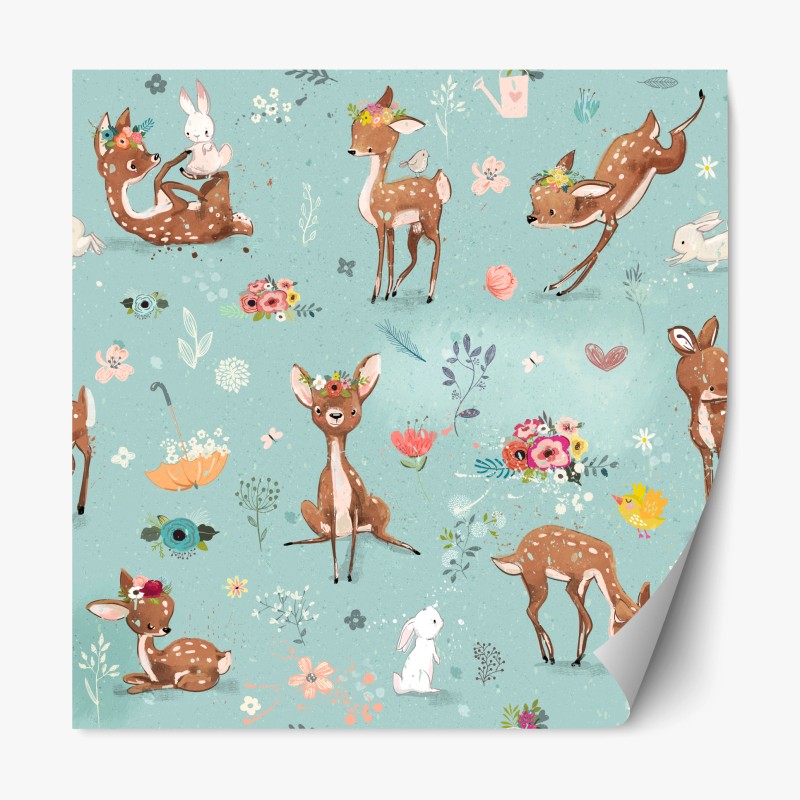 Repositionierbarer Aufkleber pastellmuster mit rehkitzen und hasen – Wallnifity® Repositionierbarer Aufkleber pastellmuster mit rehkitzen und hasen – Wallnifity®