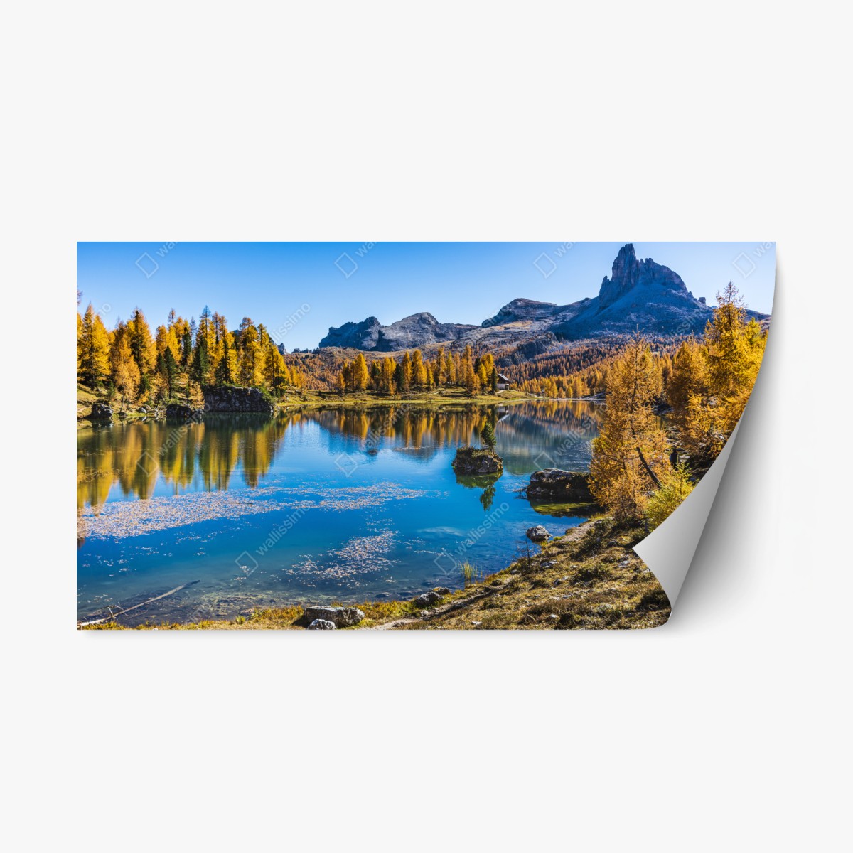 Repositionierbarer Aufkleber herbstlicher alpensee mit bergreflexion – Wallnifity® Repositionierbarer Aufkleber herbstlicher alpensee mit bergreflexion – Wallnifity®