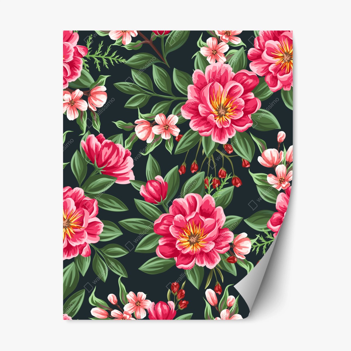 Repositionierbarer Aufkleber rosa aquarell blumenmuster auf dunklem hintergrund – Wallnifity®