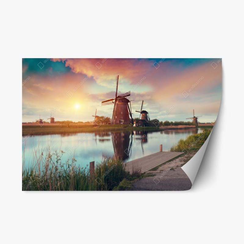 Repositionierbarer Aufkleber sonnenuntergang über windmühlen in den Niederlanden