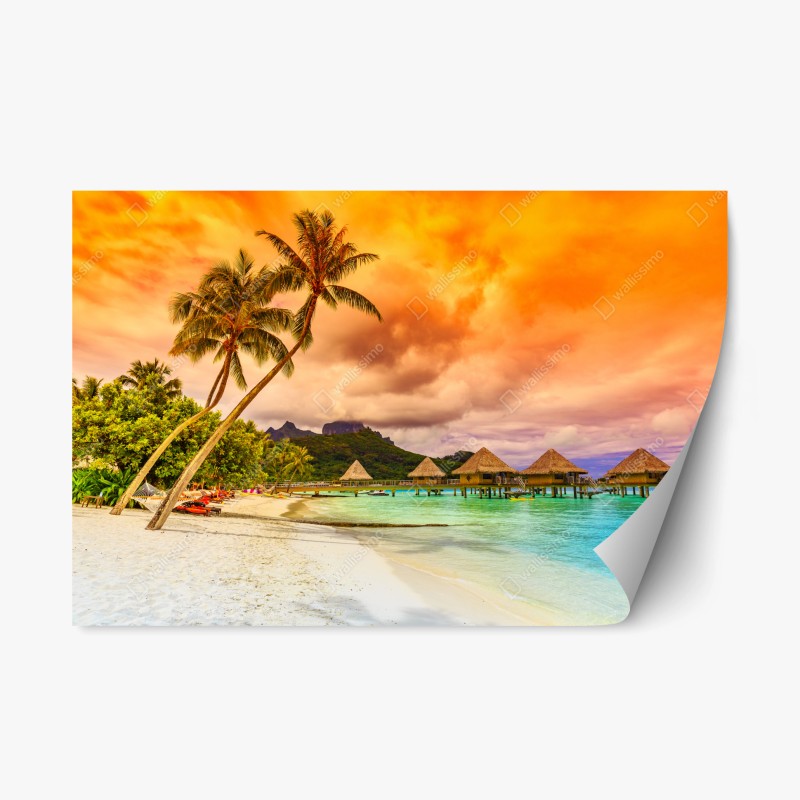 Repositionierbarer Aufkleber sonnenuntergang in Bora Bora über wasserbungalows