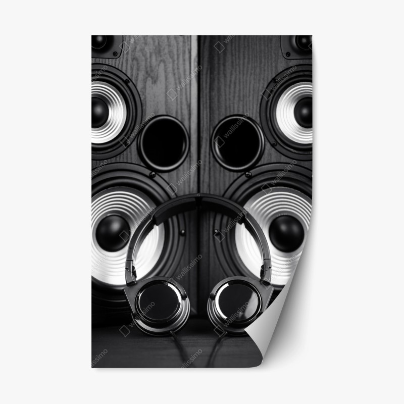 Repositionierbarer Aufkleber monochromes audio-ensemble mit kopfhörern und lautsprechern