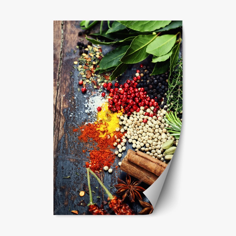 Repositionierbarer Aufkleber buntes gewürzsortiment auf rustikalem holz