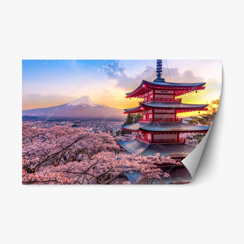 Repositionierbarer Aufkleber sonnenuntergang über dem Fuji und der Chureito-Pagode