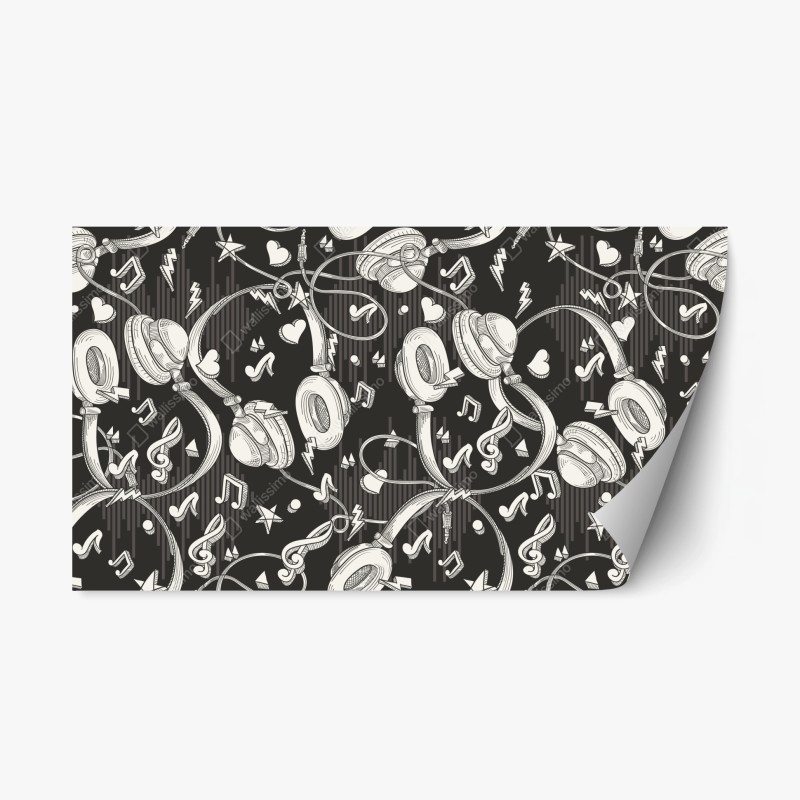 Repositionierbarer Aufkleber monochromatisches muster mit kopfhörern und noten
