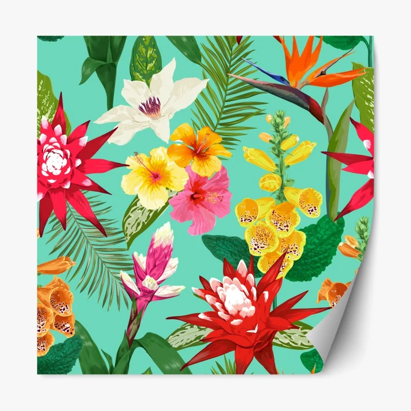 Repositionierbarer Aufkleber tropisches aquarell-blumenmuster mit hibiskus, tigerlilie und paradiesvogelblume – Wallnifity® Repositionierbarer Aufkleber tropisches aquarell-blumenmuster mit hibiskus, tigerlilie und paradiesvogelblume – Wallnifity®