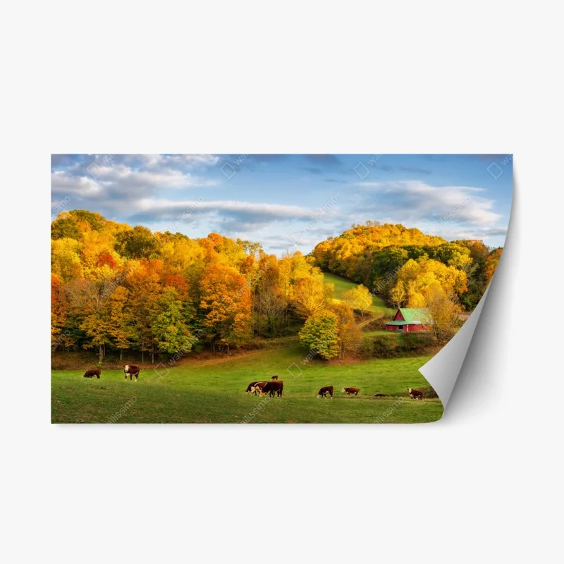 Repositionierbarer Aufkleber herbstliche landschaft mit roter scheune
