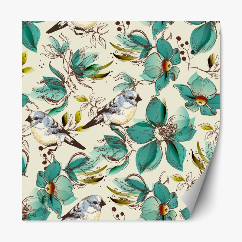 Repositionierbarer Aufkleber retro türkis blumen- und vogelmuster – Wallnifity®