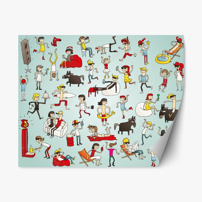 Repositionierbarer Aufkleber verspielte cartoonszene auf türkisem hintergrund