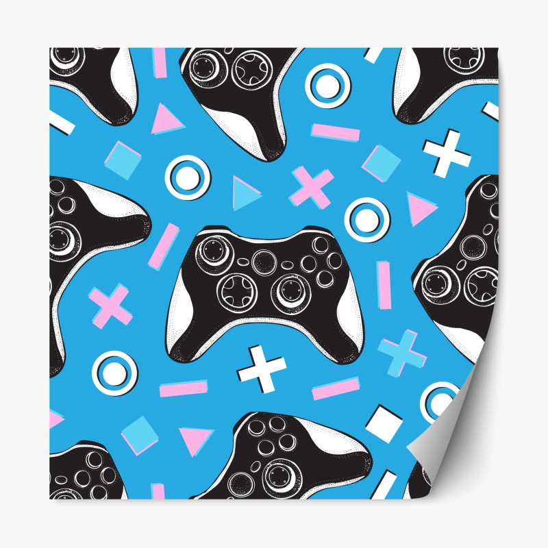 Repositionierbarer Aufkleber muster mit gamecontrollern auf blauem hintergrund