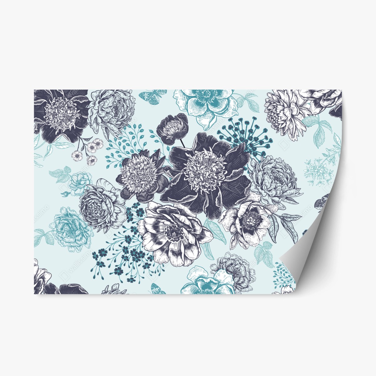 Repositionierbarer Aufkleber blumiges peonienmuster in türkis und marineblau – Wallnifity®