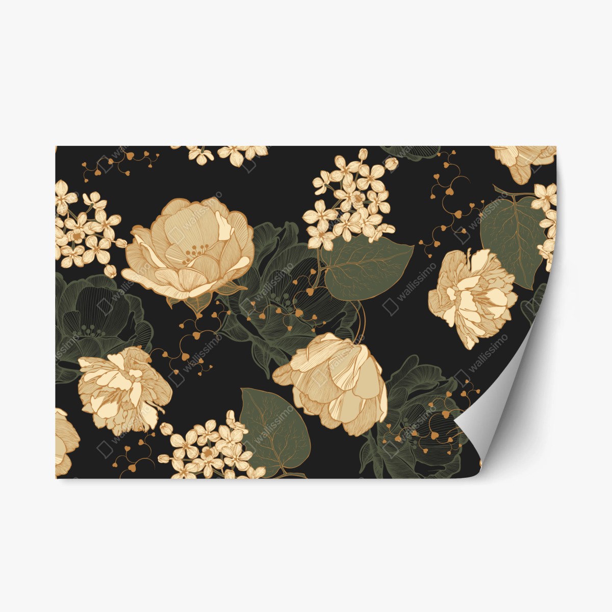 Repositionierbarer Aufkleber goldene pfingstrosen vor dunklem botanischem hintergrund – Wallnifity®