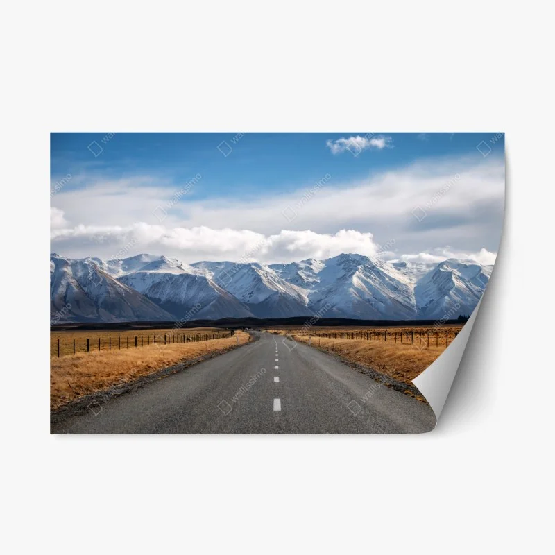 Repositionierbarer Aufkleber straße zur schneebedeckten bergwelt, Neuseeland