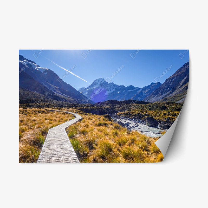 Repositionierbarer Aufkleber holzsteg im Hooker Valley mit blick auf Aoraki Mount Cook