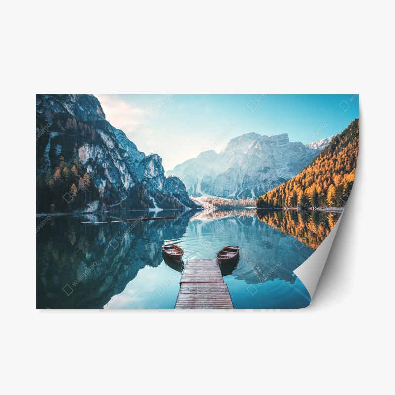 Repositionierbarer Aufkleber ruhiger morgen am Pragser Wildsee, Dolomiten