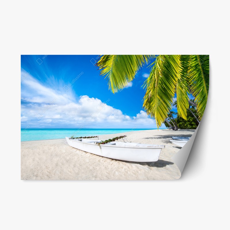 Repositionierbarer Aufkleber tropischer strand in türkis mit palmen und booten