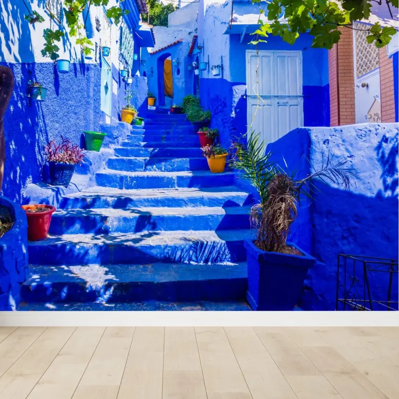 Fototapete blaue treppen in Chefchaouen, Marokko