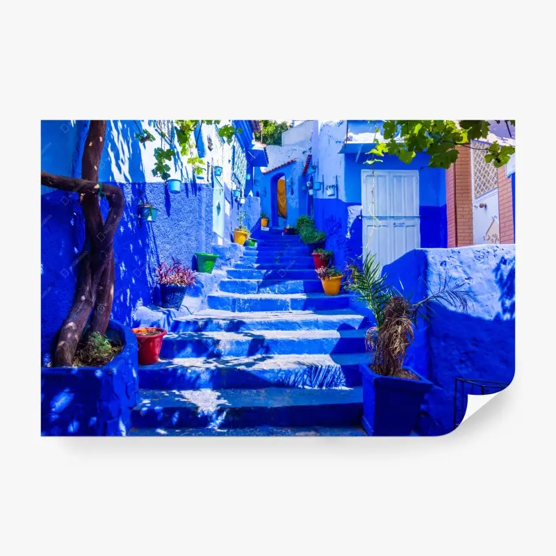 Fototapete blaue treppen in Chefchaouen, Marokko