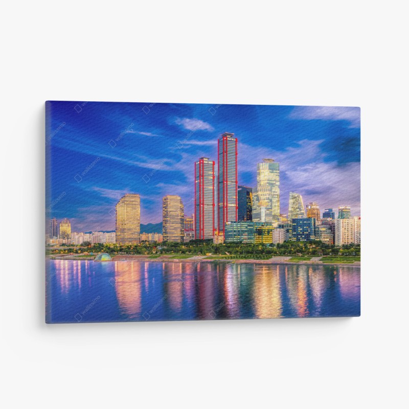 Leinwandbild lebendige stadtskyline bei dämmerung