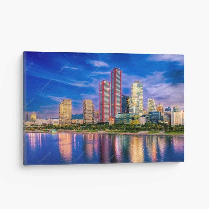 Leinwandbild lebendige stadtskyline bei dämmerung