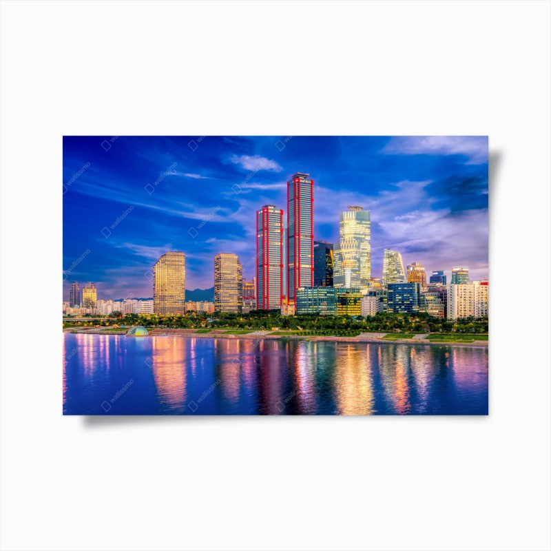 Poster lebendige stadtskyline bei dämmerung