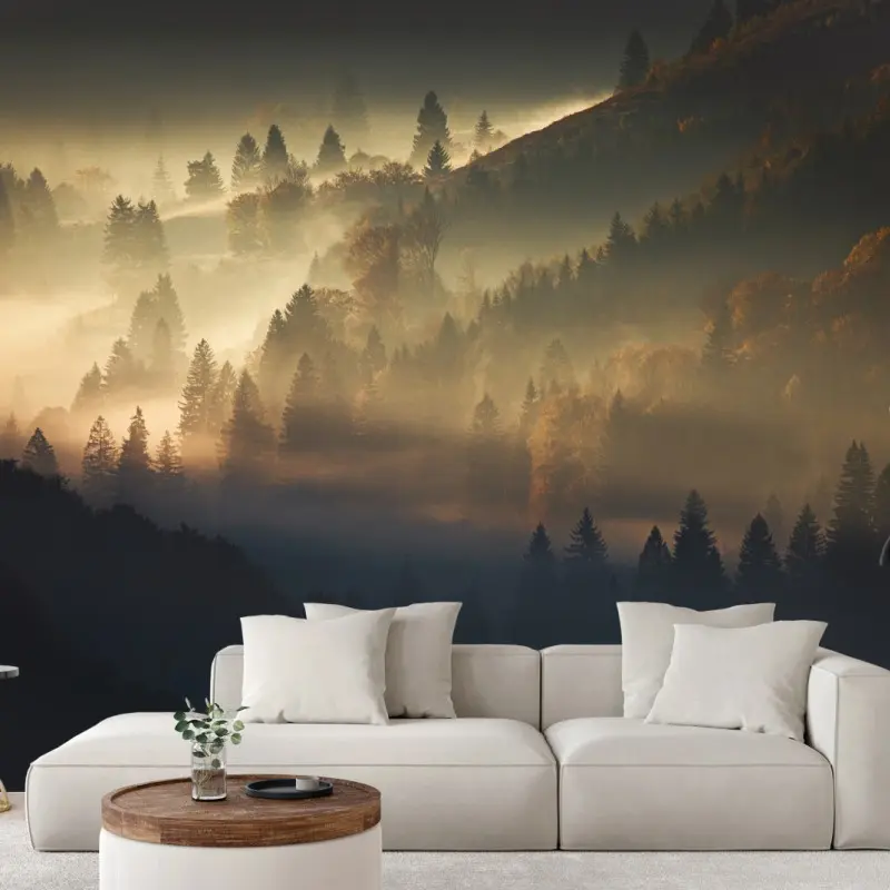 Fototapete goldener nebel über bergwald