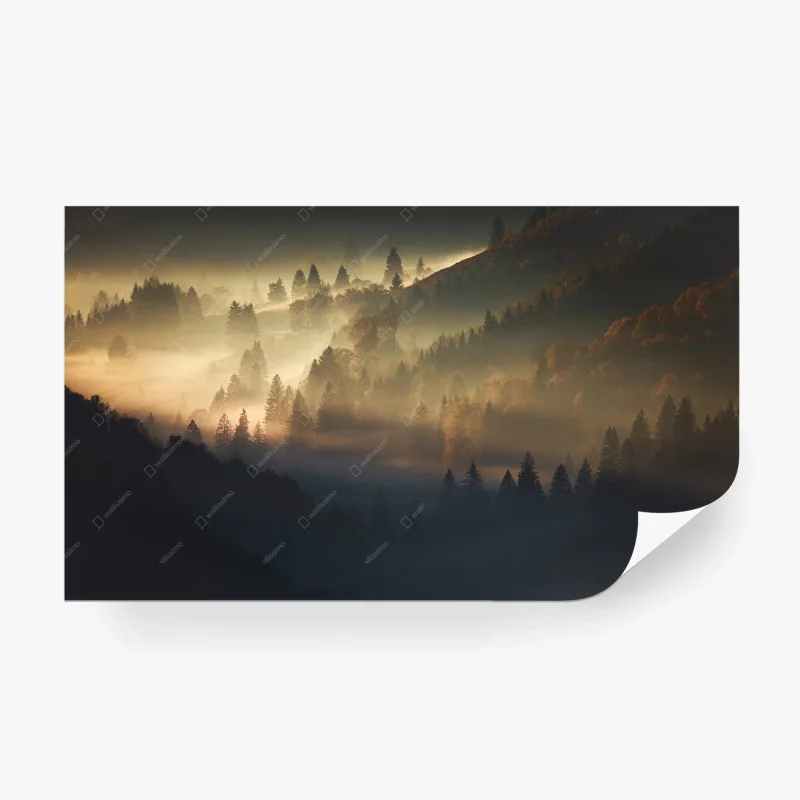 Fototapete goldener nebel über bergwald