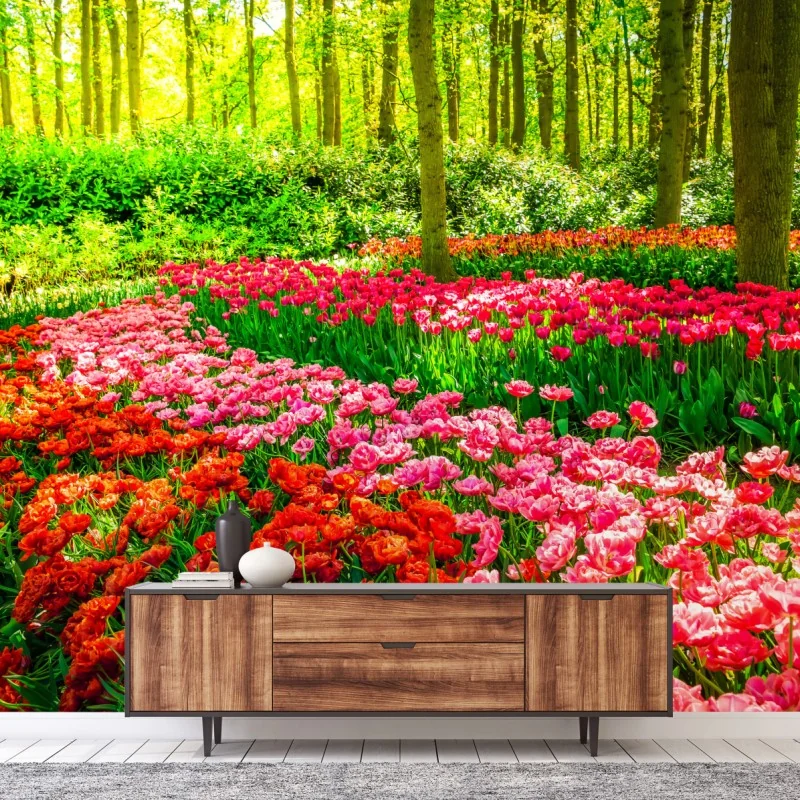 Fototapete lebendiger tulpengarten in voller blüte
