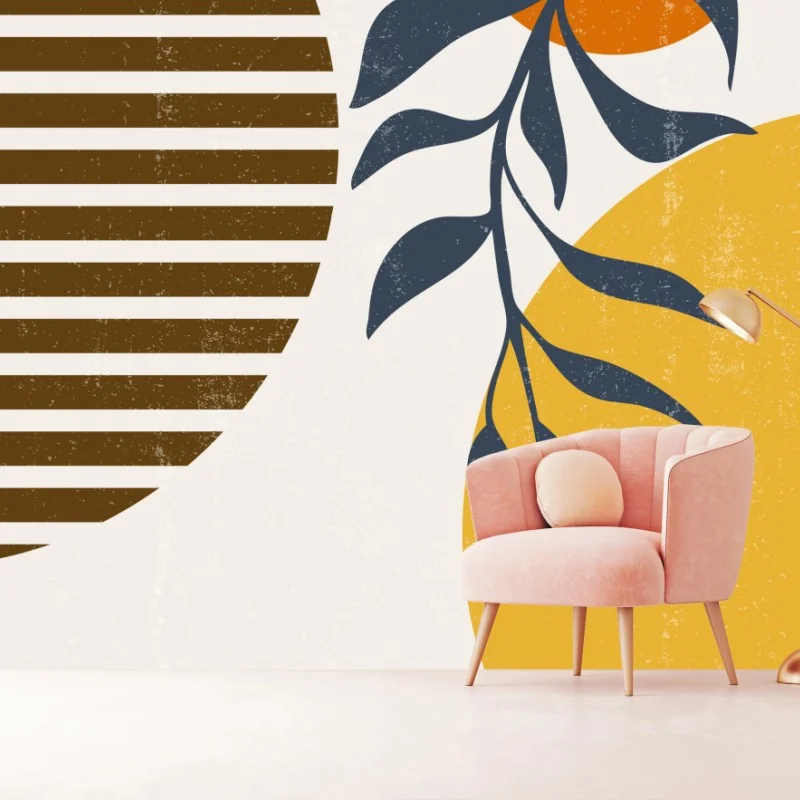 Fototapete boho abstrakter poster mit sonne und blättern