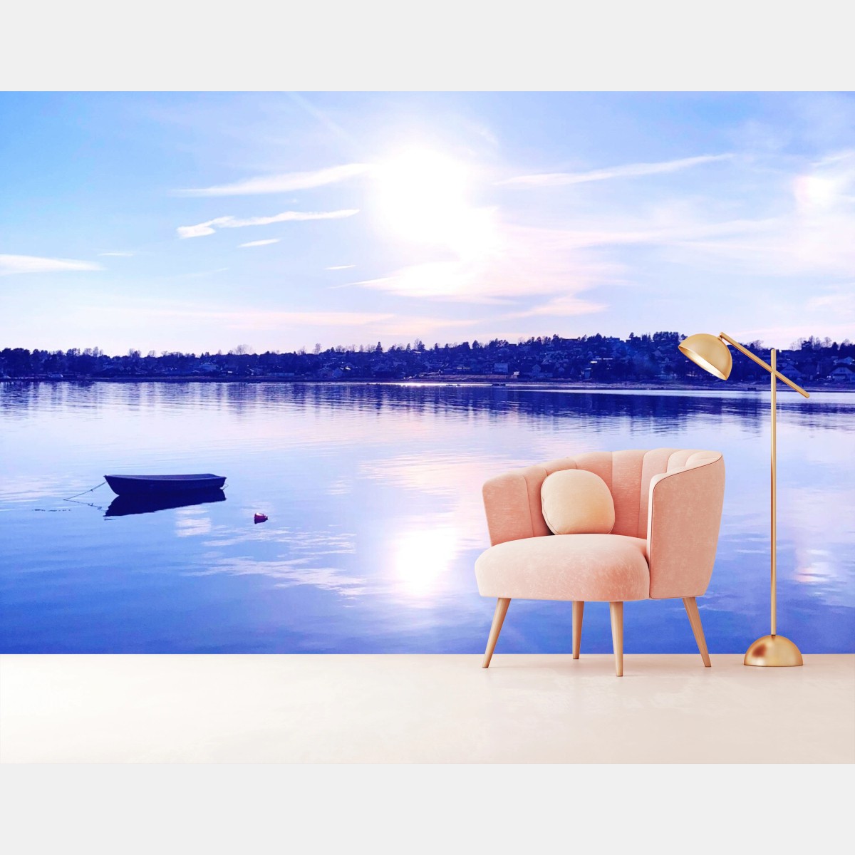 Fototapete ruhiger blauer see mit einsamem boot – Wallnifity®