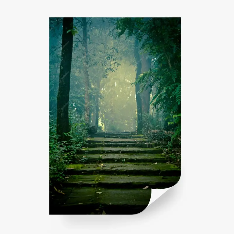 Fototapete moosbedeckte steintreppe in den nebligen wald