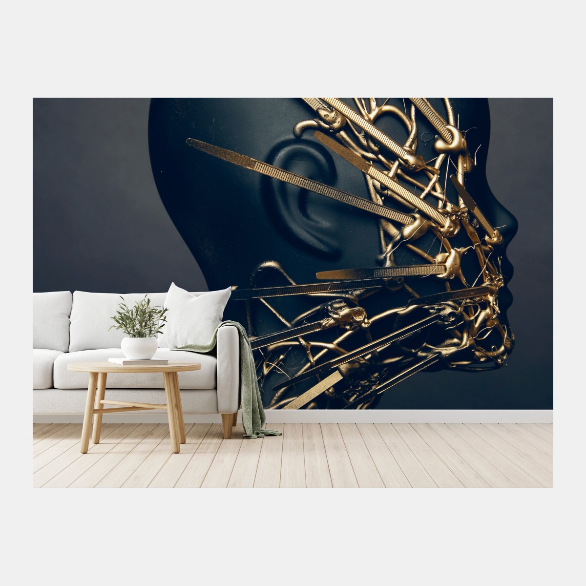 Fototapete goldene drahtskulptur auf schwarzer büste – Wallnifity®