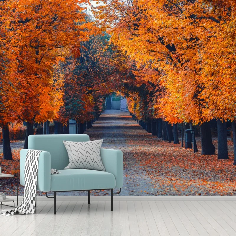 Fototapete herbstallee mit orangefarbenen bäumen