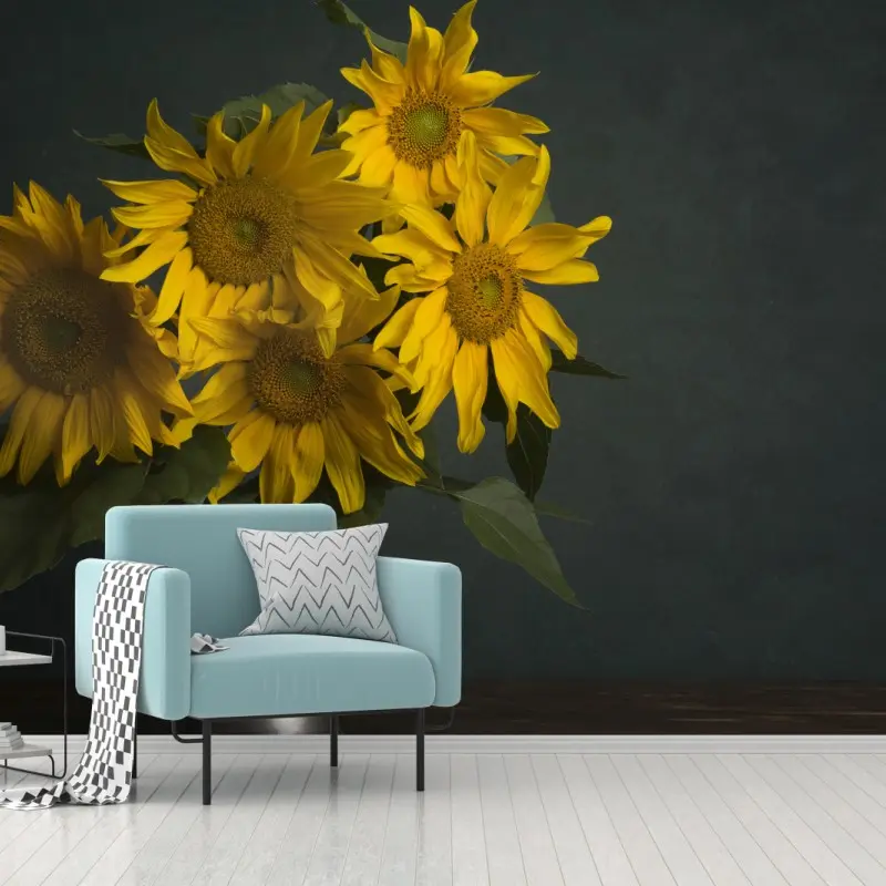 Fototapete strauß sonnenblumen auf dunklem hintergrund