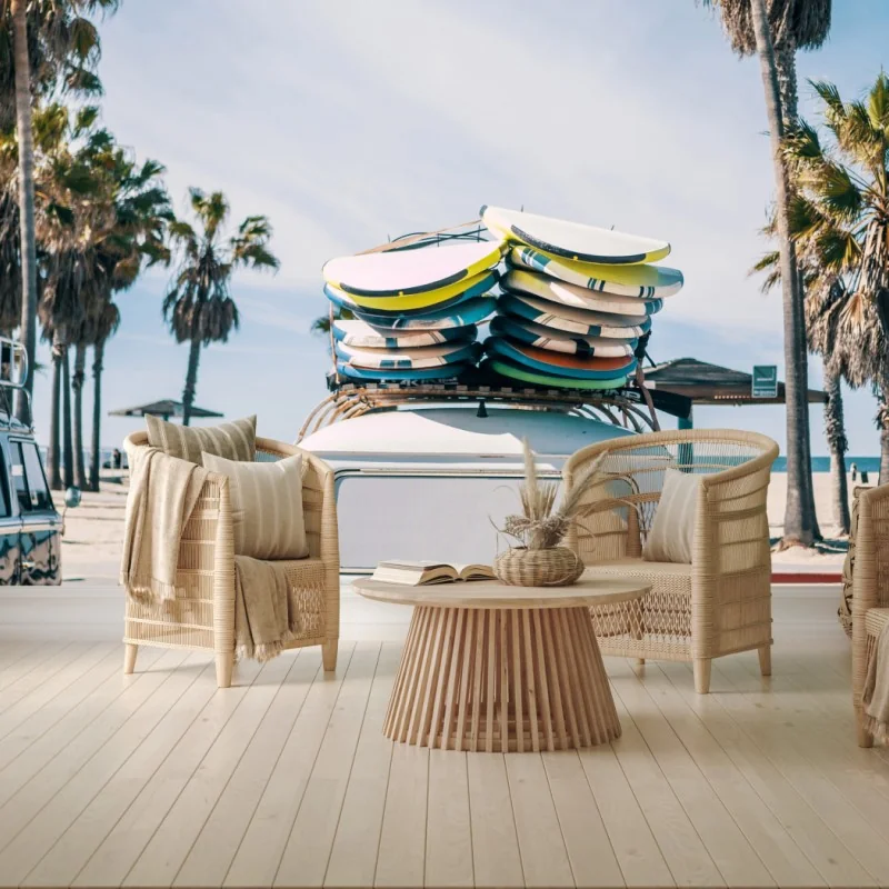 Fototapete retro van am strand mit surfboards