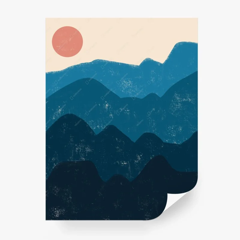 Fototapete strukturierte blaue berglandschaft mit sonne