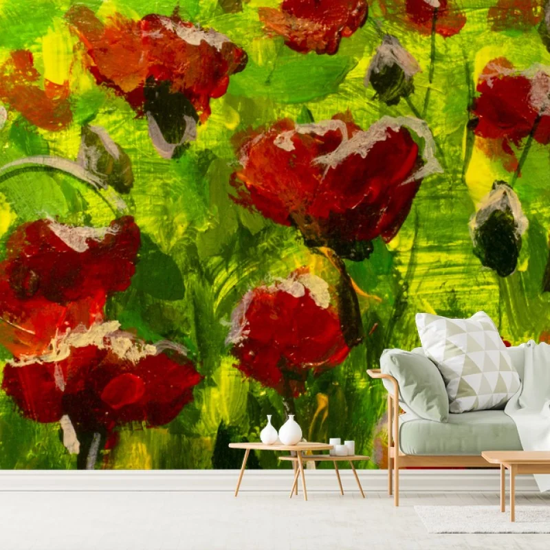 Fototapete feld roter mohnblumen